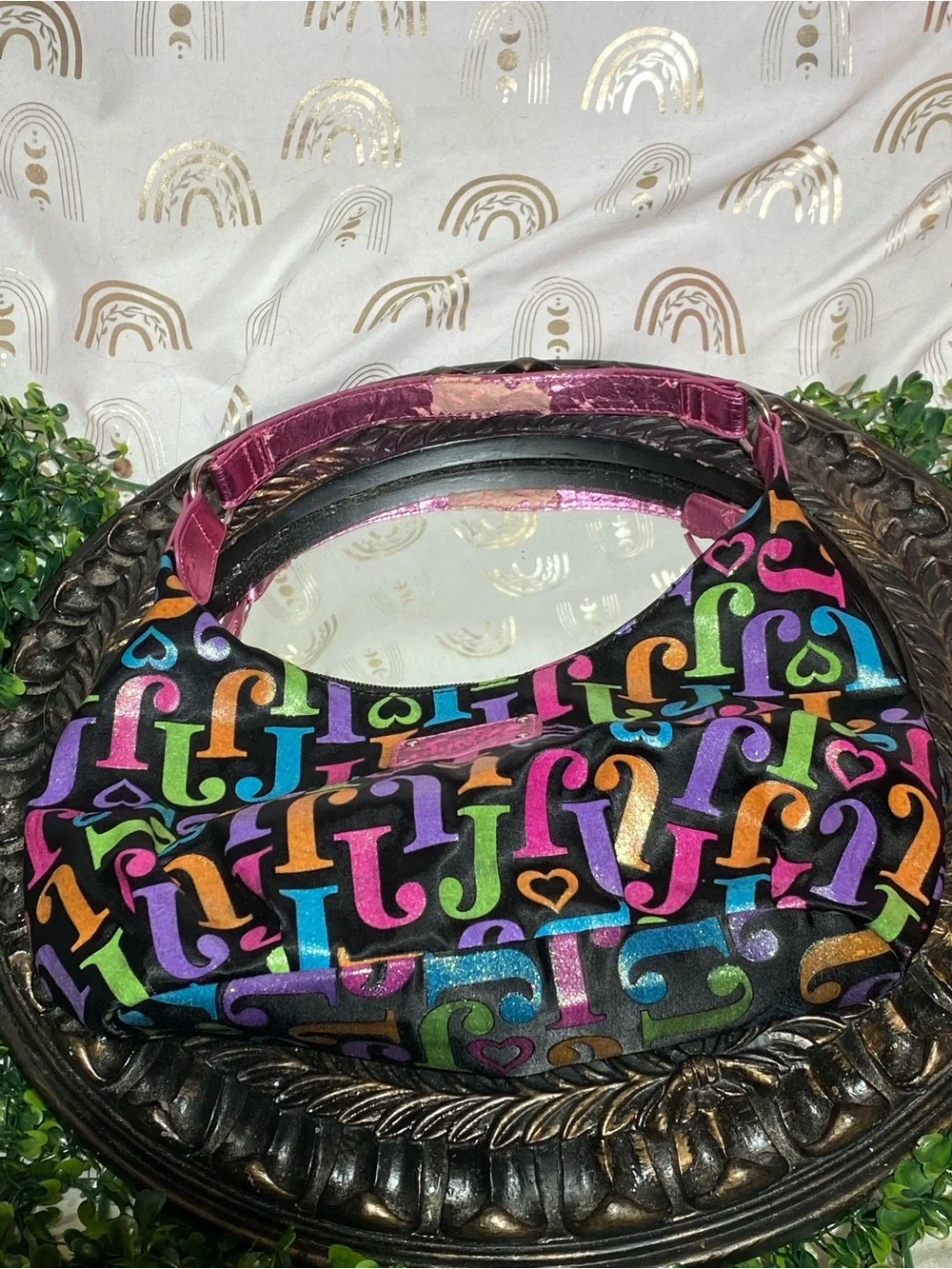 Justice Multicolor Logo Hobo Bag - Black with Pink Strap
